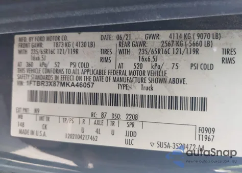 2021 Ford Transit T-250 из США, поврежденный, VIN 1FTBR3X87MKA46057